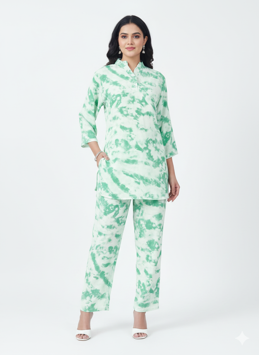 Glamoura X Mint Aura Tie-Dye Kurti Co-ord Set | Green & White Modest Casual Wear