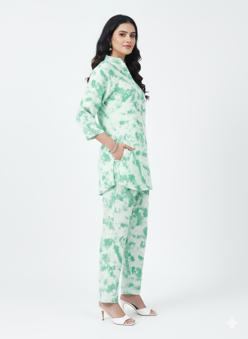Glamoura X Mint Aura Tie-Dye Kurti Co-ord Set | Green & White Modest Casual Wear