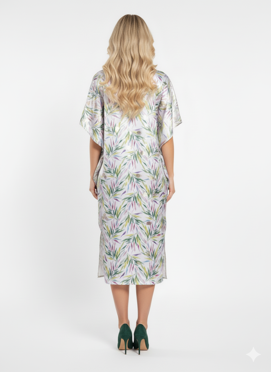 The Elegant Satin Tropical Leaf Print Kaftan — GLAMOURA-X