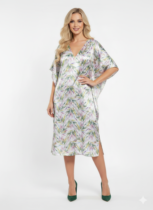 The Elegant Satin Tropical Leaf Print Kaftan — GLAMOURA-X