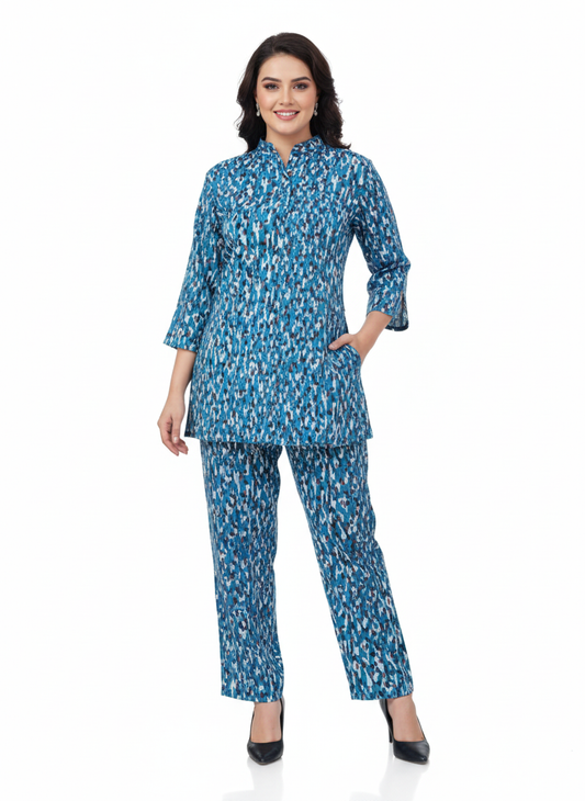 Glamoura X Indigo Ikat Printed Kurti Co-ord Set | Blue Abstract Modest Casual Wear