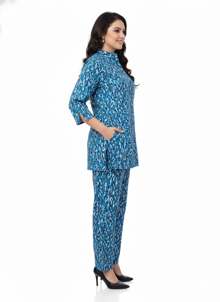 Glamoura X Indigo Ikat Printed Kurti Co-ord Set | Blue Abstract Modest Casual Wear