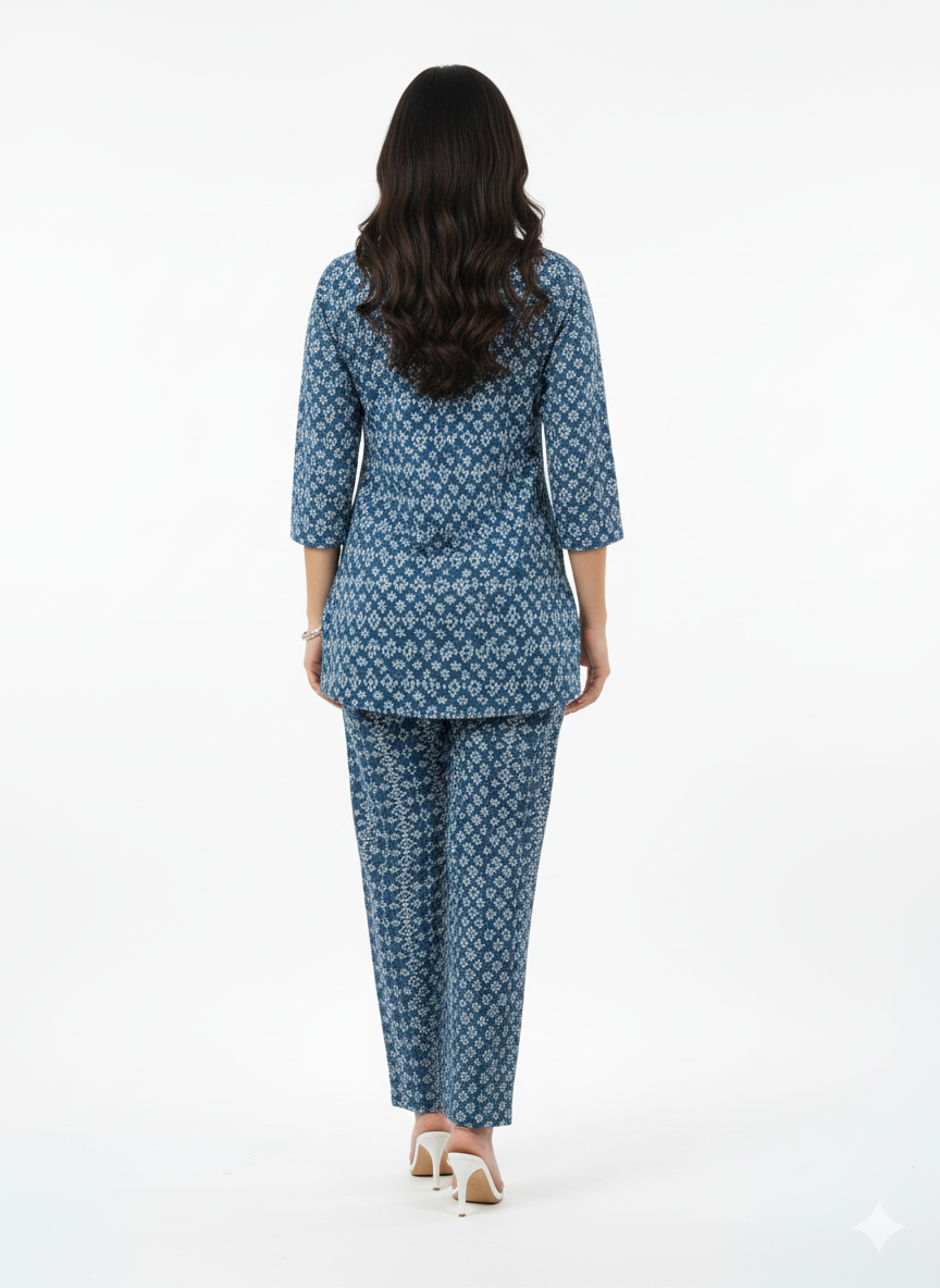 Glamoura X Indigo Tapestry Printed Kurti Co-ord Set | Blue Geometric Modest Wear