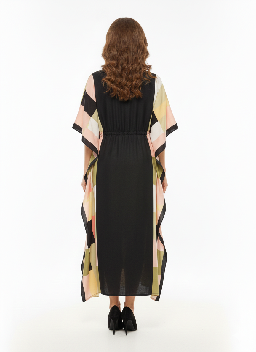 Geometric Prism Block-Print Drawstring Kaftan  — GLAMOURA-X