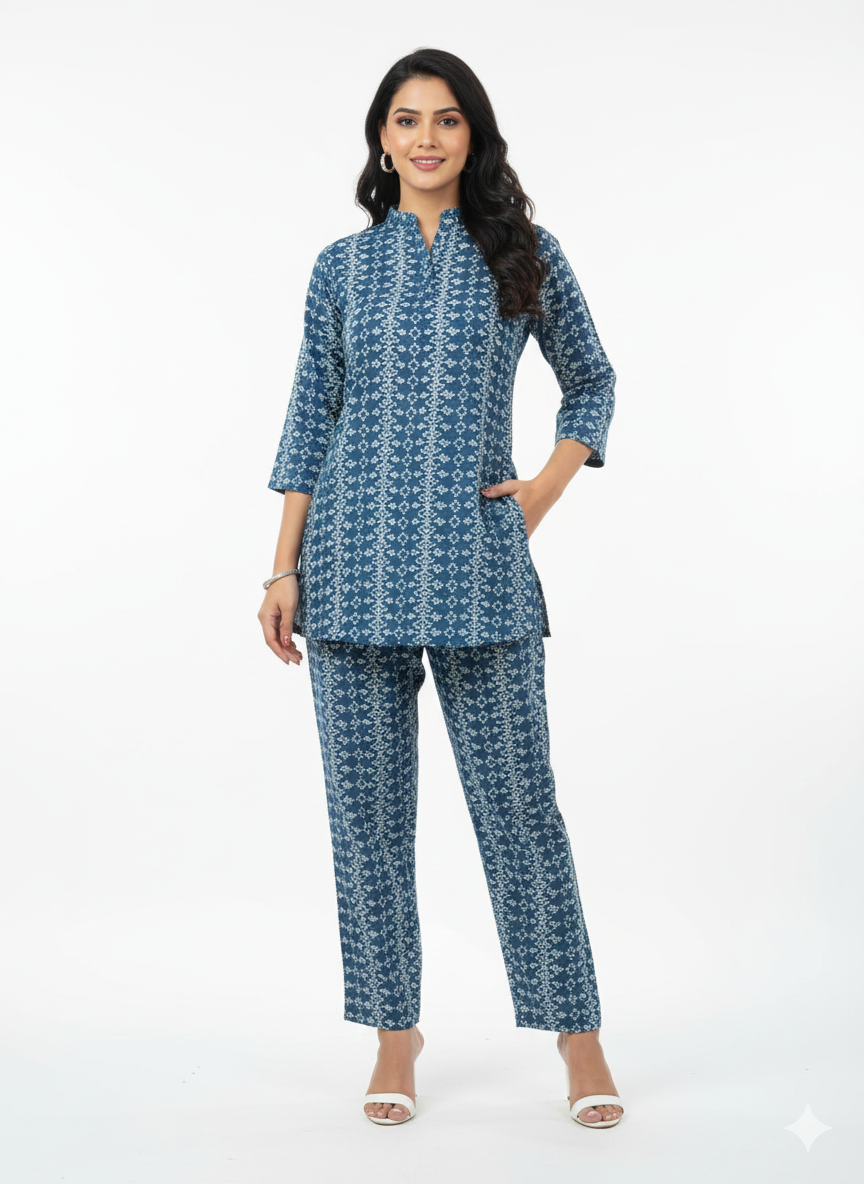 Glamoura X Indigo Tapestry Printed Kurti Co-ord Set | Blue Geometric Modest Wear