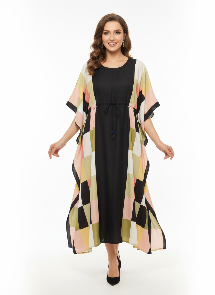Geometric Prism Block-Print Drawstring Kaftan  — GLAMOURA-X