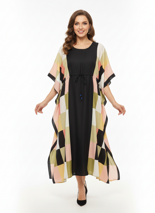 Geometric Prism Block-Print Drawstring Kaftan  — GLAMOURA-X