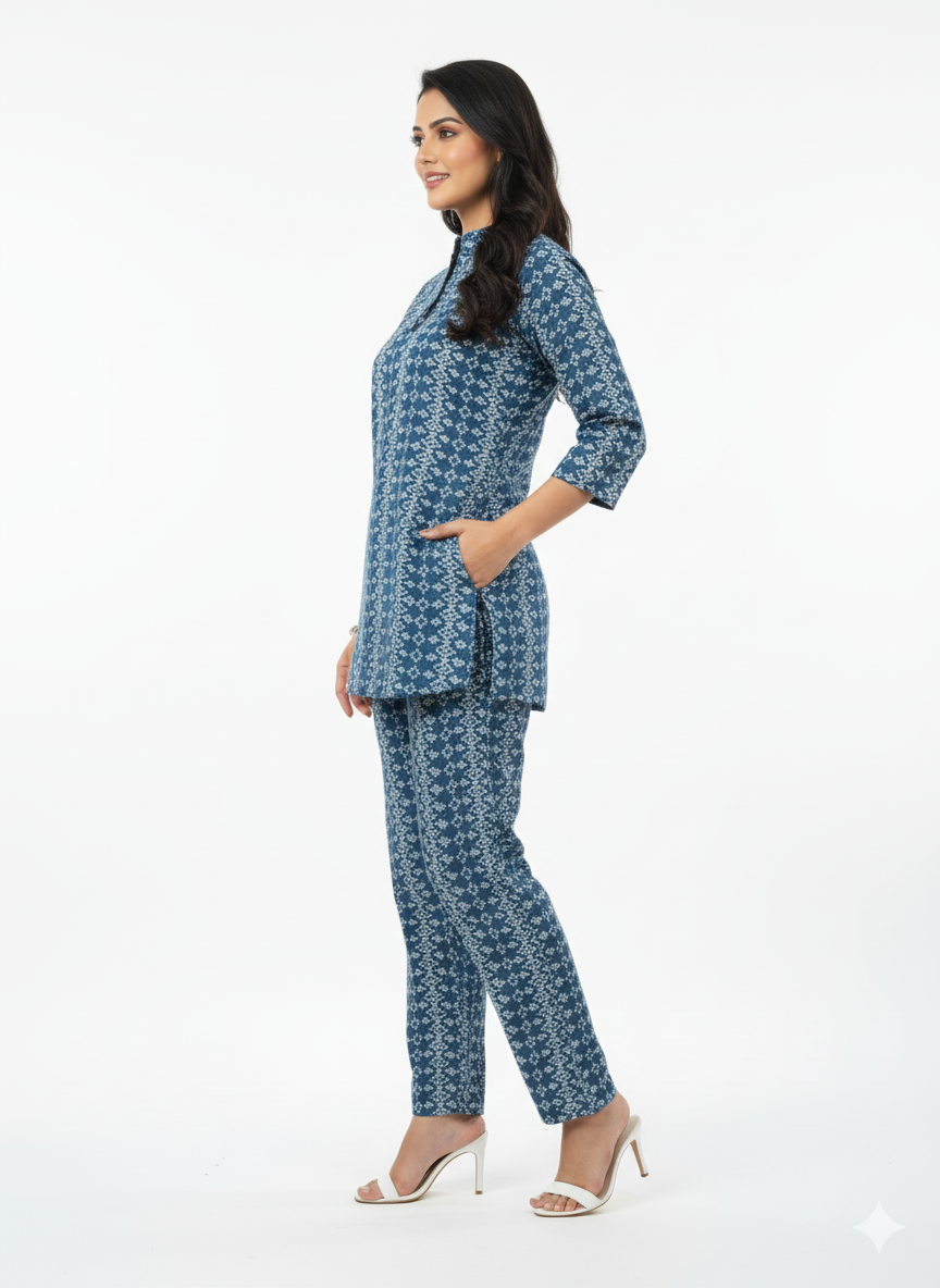 Glamoura X Indigo Tapestry Printed Kurti Co-ord Set | Blue Geometric Modest Wear