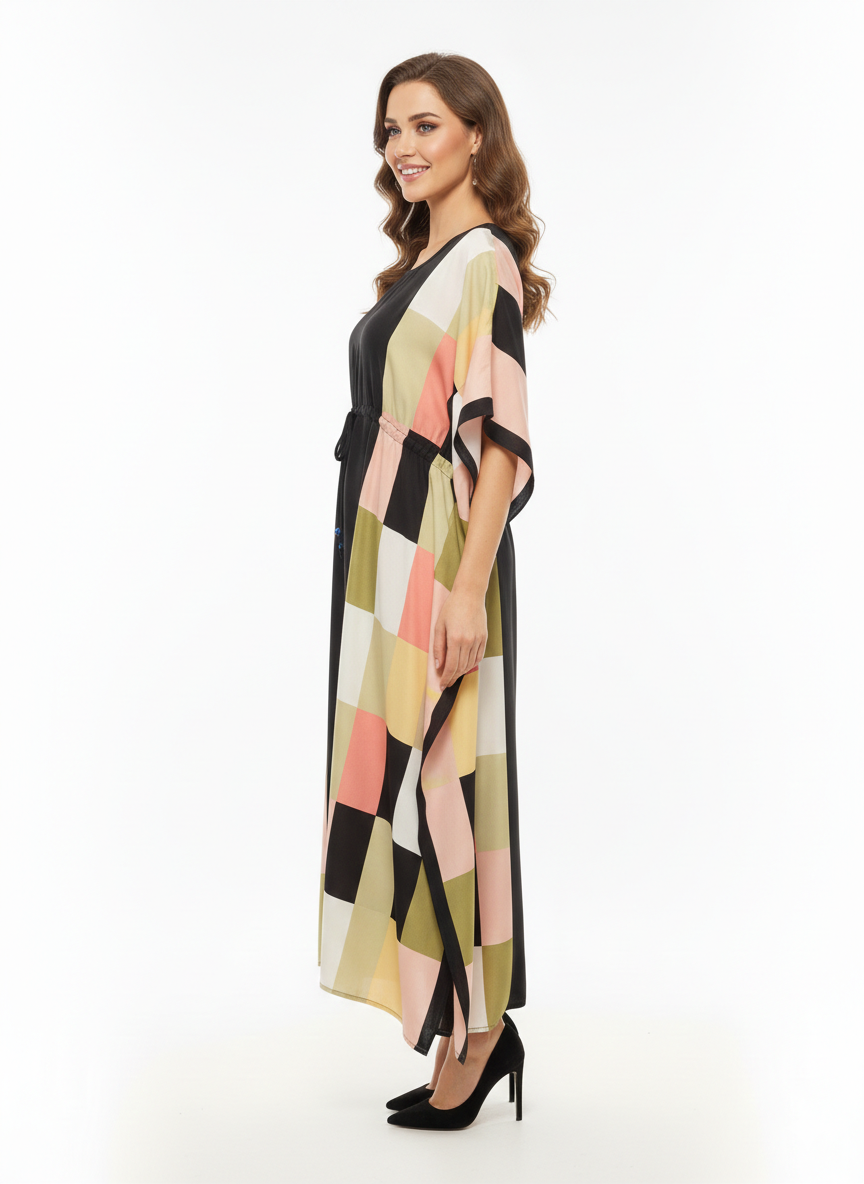 Geometric Prism Block-Print Drawstring Kaftan  — GLAMOURA-X