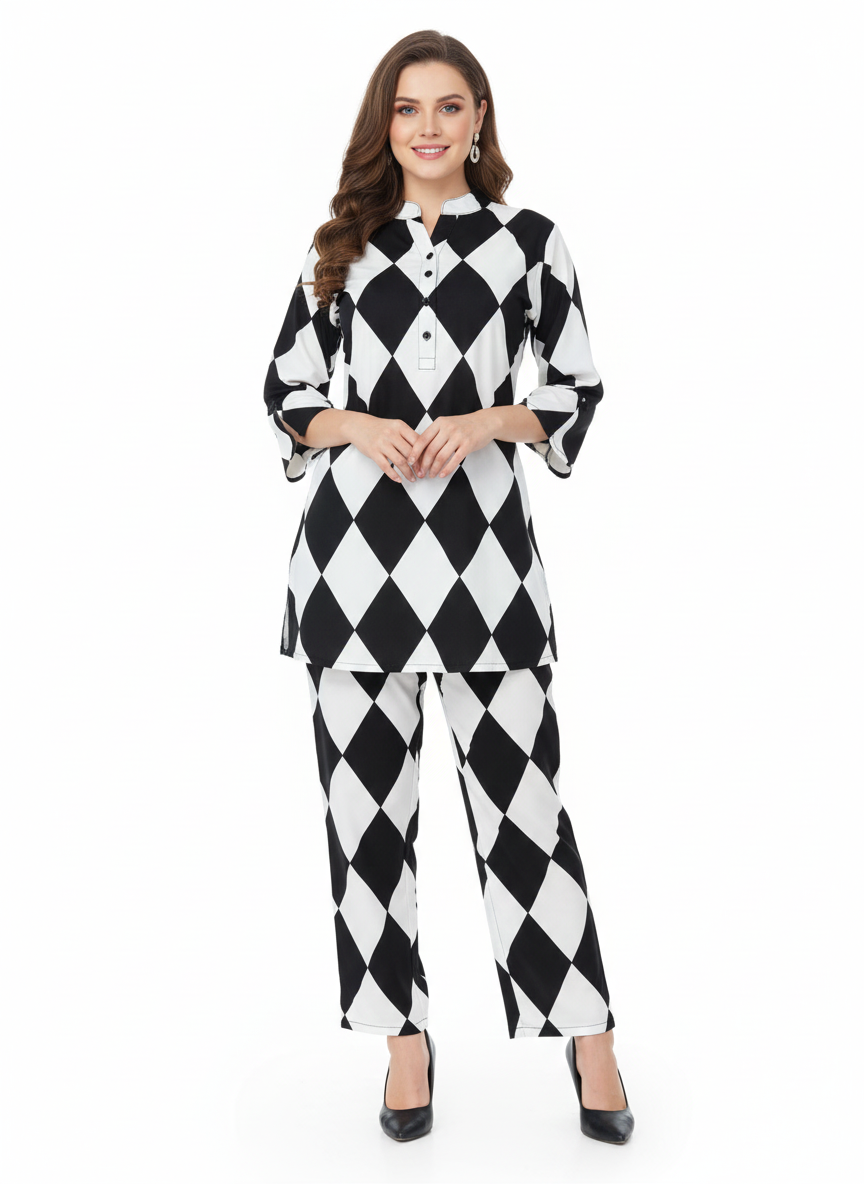 Glamoura X Harlequin Diamond Printed Kurti Co-ord Set | Black & White Modest Wear