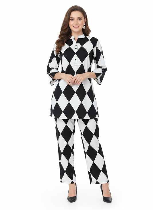 Glamoura X Harlequin Diamond Printed Kurti Co-ord Set | Black & White Modest Wear