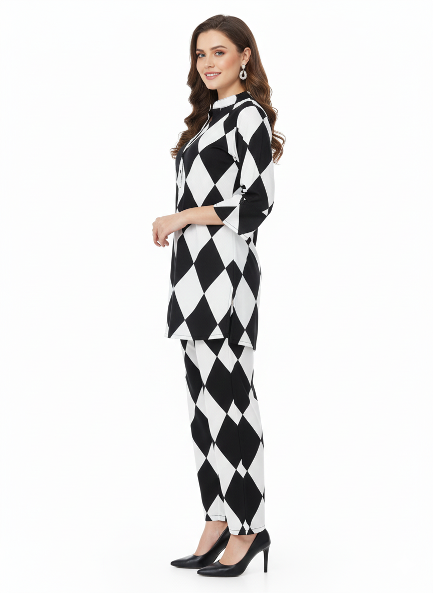 Glamoura X Harlequin Diamond Printed Kurti Co-ord Set | Black & White Modest Wear