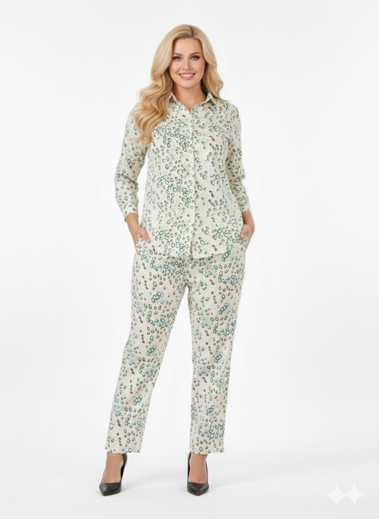Glamoura X Kiwi Spot Co-ord Set | Cream & Green Leopard Print Modest Resort Wear