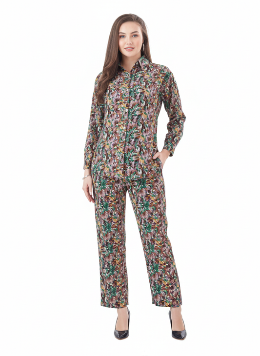 Tropical Earth Co-Ord Set | Brown & Green Floral | GlamouraX