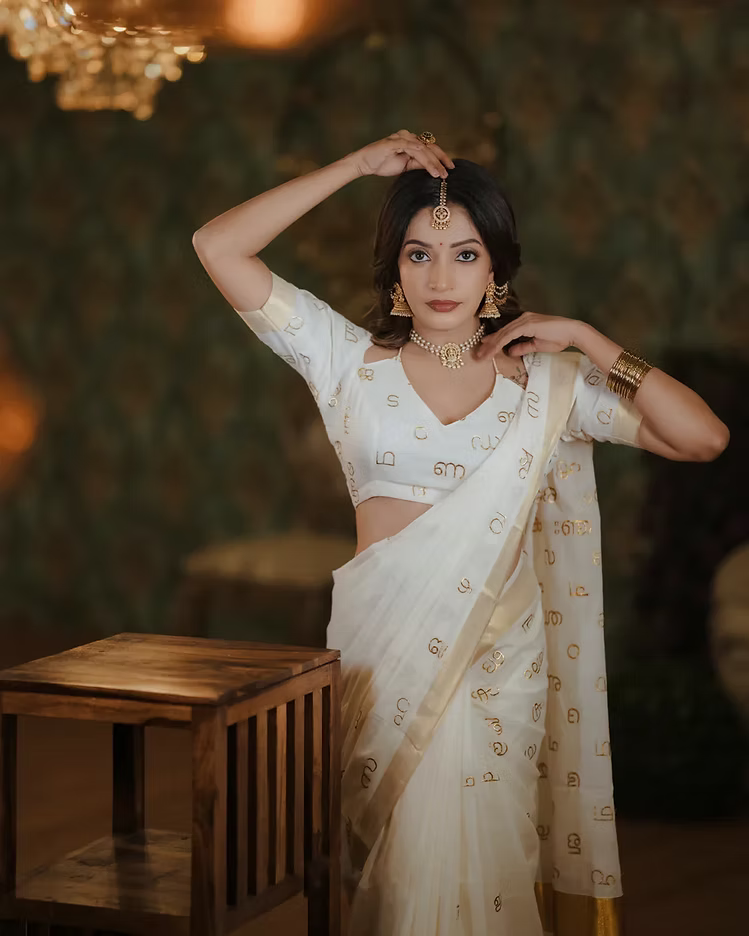 Aksharamala Embroidery Golden Kasavu Premium Cotton Saree with Blouse