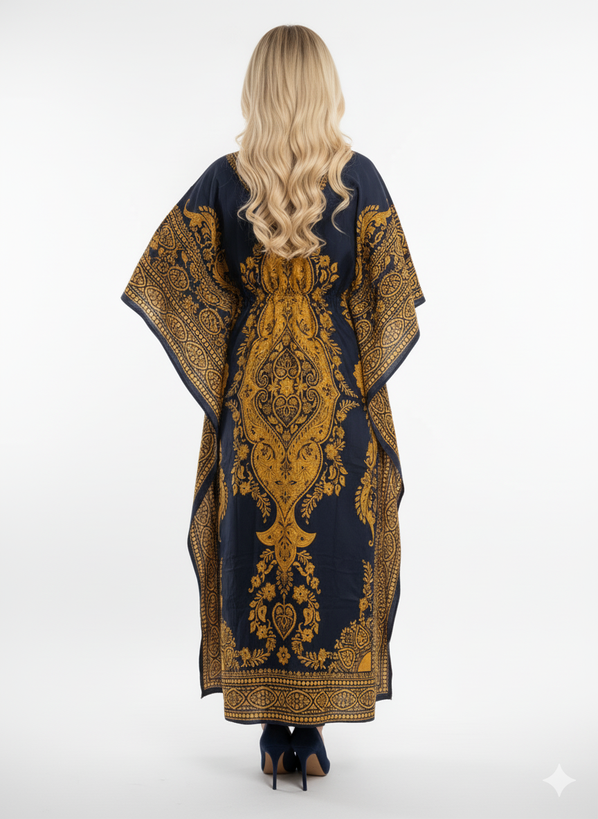 Majestic Navy & Gold Paisley Kaftan & Gold Central Paisley Kaftan — GLAMOURA-X