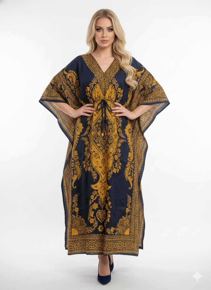 Majestic Navy & Gold Paisley Kaftan & Gold Central Paisley Kaftan — GLAMOURA-X