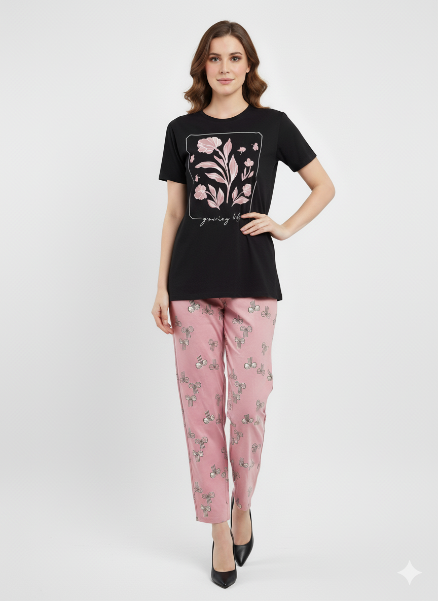 Women's Floral T-Shirt & Pyjama Pant Set | Lycra Night Suit