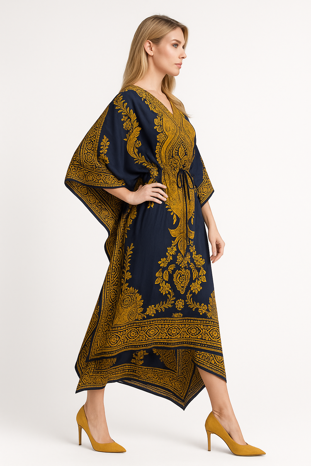 Majestic Navy & Gold Paisley Kaftan & Gold Central Paisley Kaftan — GLAMOURA-X