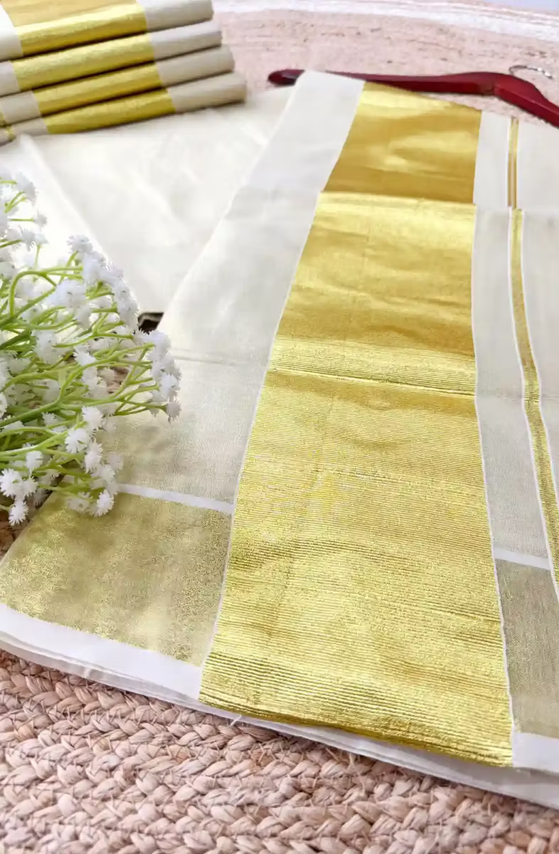 5-Inch Premium Golden Tissue Kasavu Set Saree