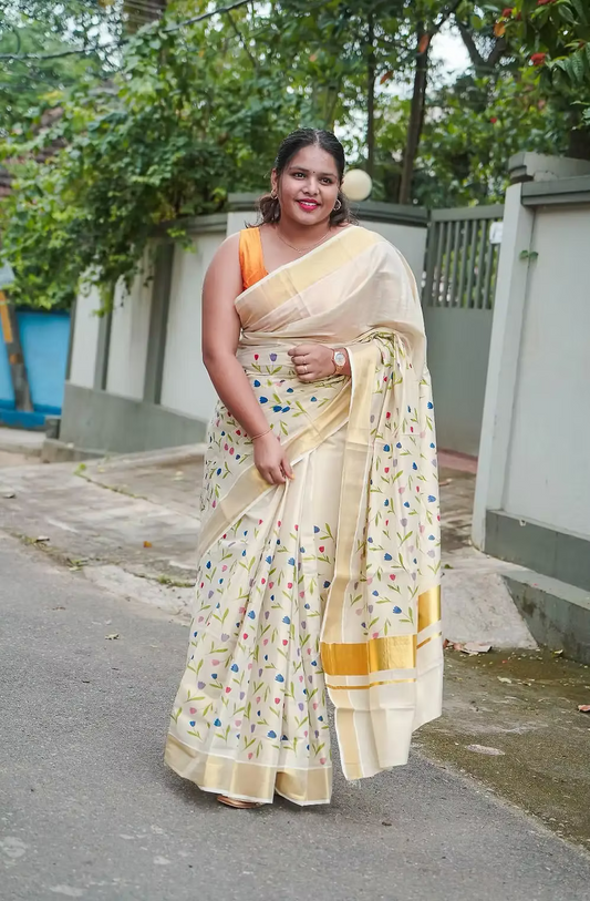 Multi Tulip Kasavu Golden Tissue Saree with Blouse