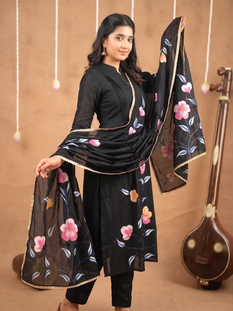 Black Flora Silk Kurta Set with Mandarin Collar and Pintuck Bodice