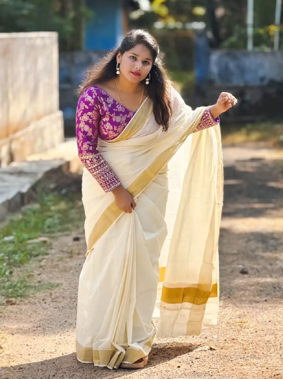 3-Inch Pure Cotton Kasavu Saree with Running Blouse