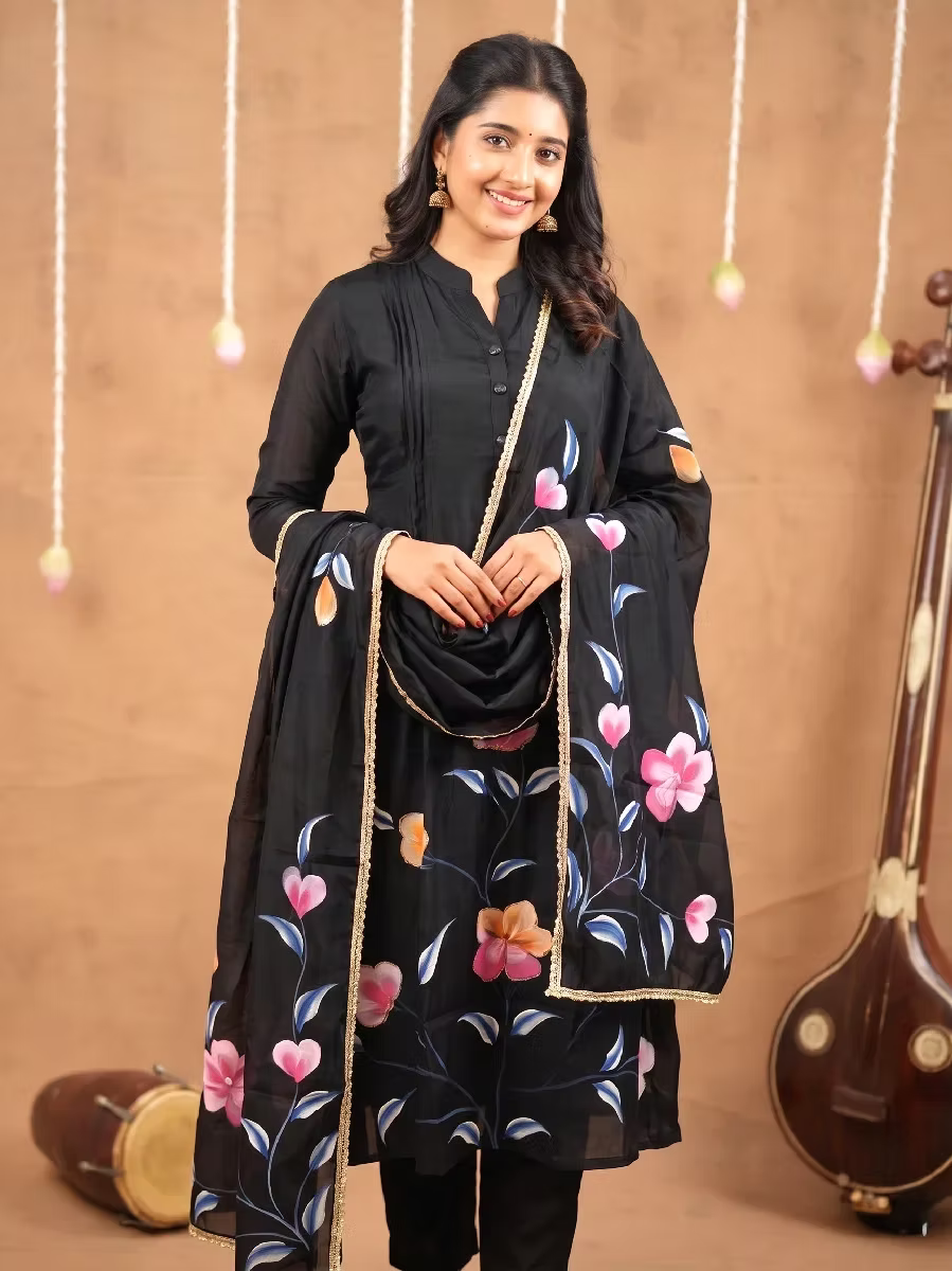 Black Flora Silk Kurta Set with Mandarin Collar and Pintuck Bodice