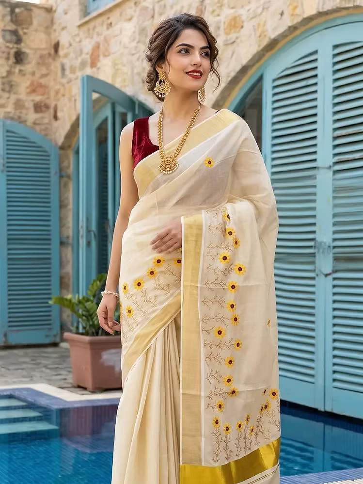 Surajmukhee Embroidery Golden Tissue Saree with Blouse