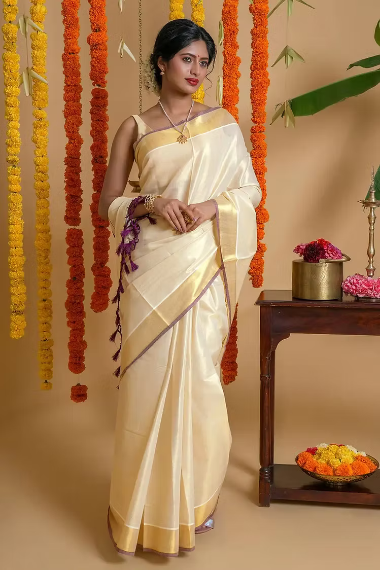 Purple Tassel Tissue Kasavu Saree