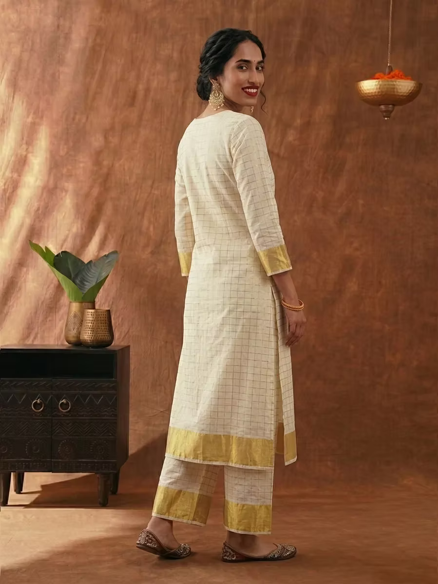 Block Designer Cotton Kasavu Kurti Set