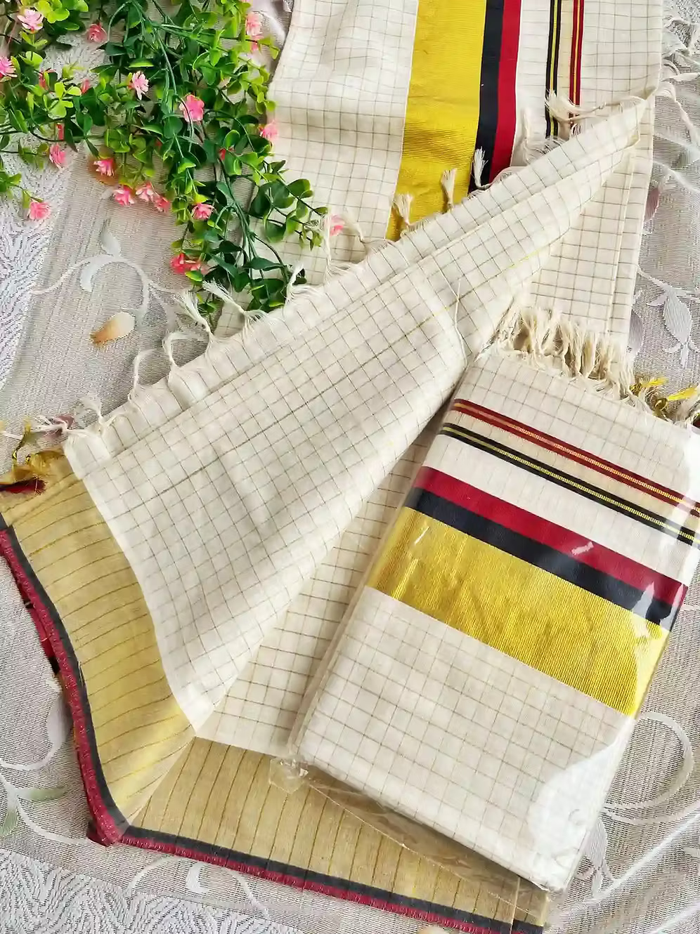 Premium Block Maroon & Black Handloom Kasavu Cotton Saree with Running Blouse