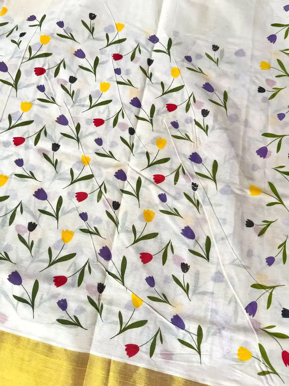 Tulip Tri-Color Kasavu Cotton Saree with Blouse | Kuthampully