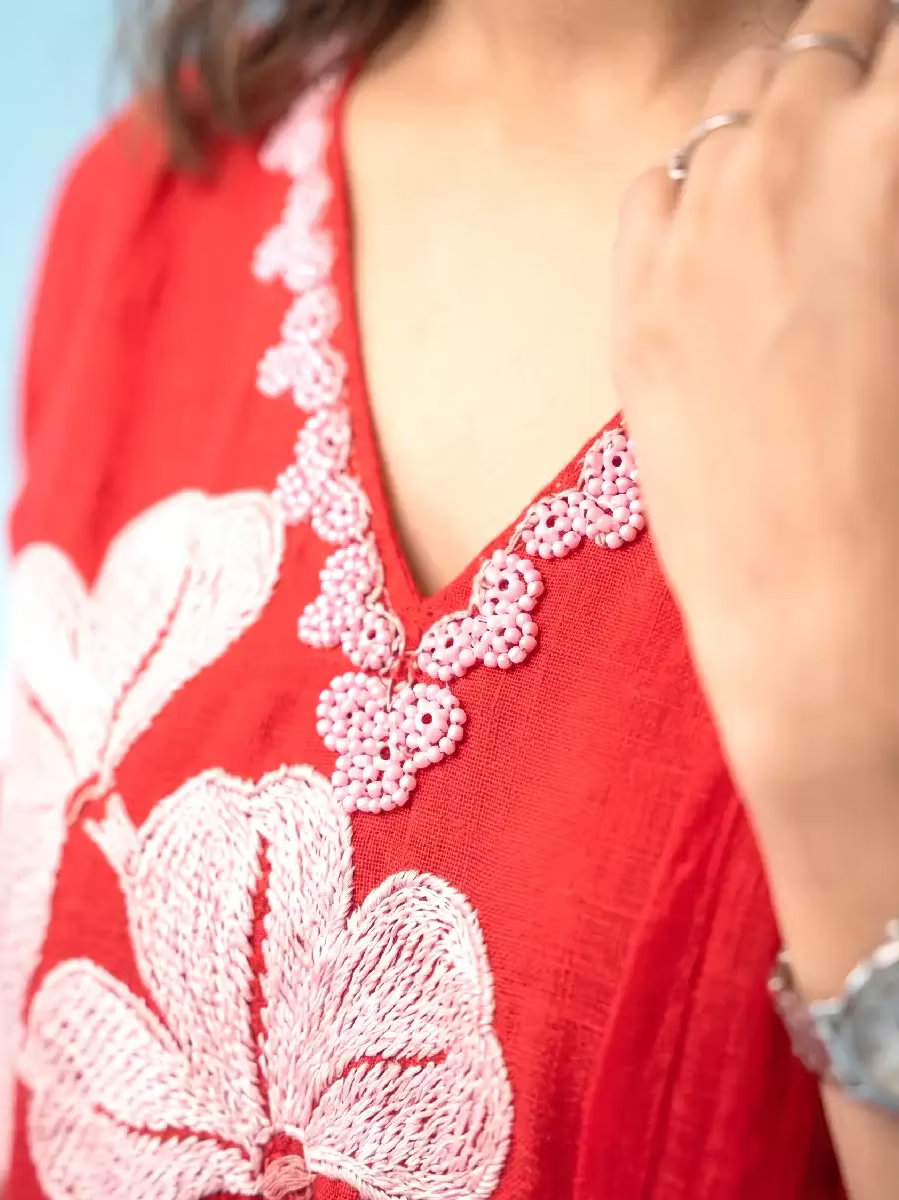 Red Cotton Linen Kurta Set with White Floral Appliqué & Beadwork
