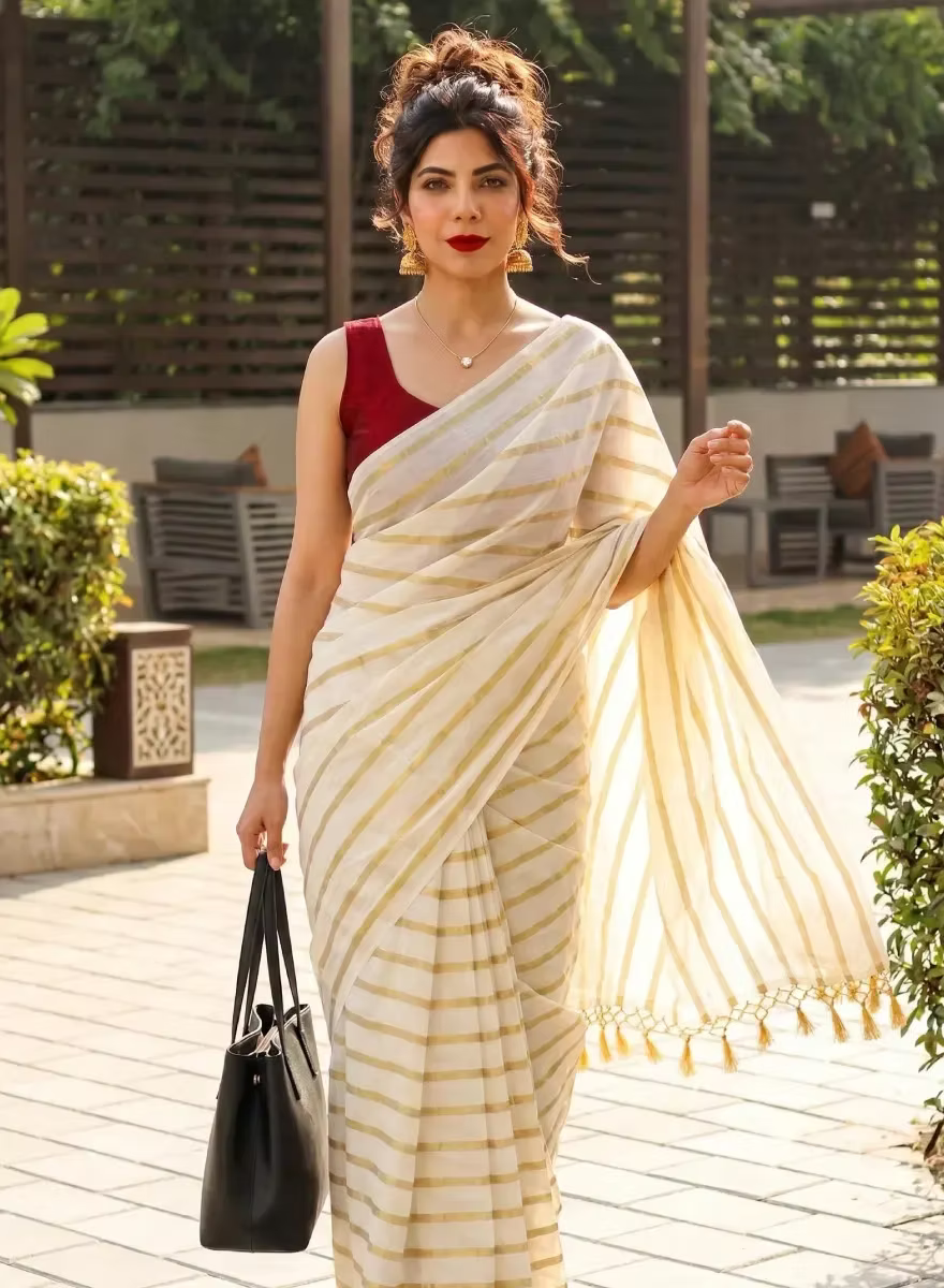 Golden Kasavu Stripe Cotton Saree with Tussel
