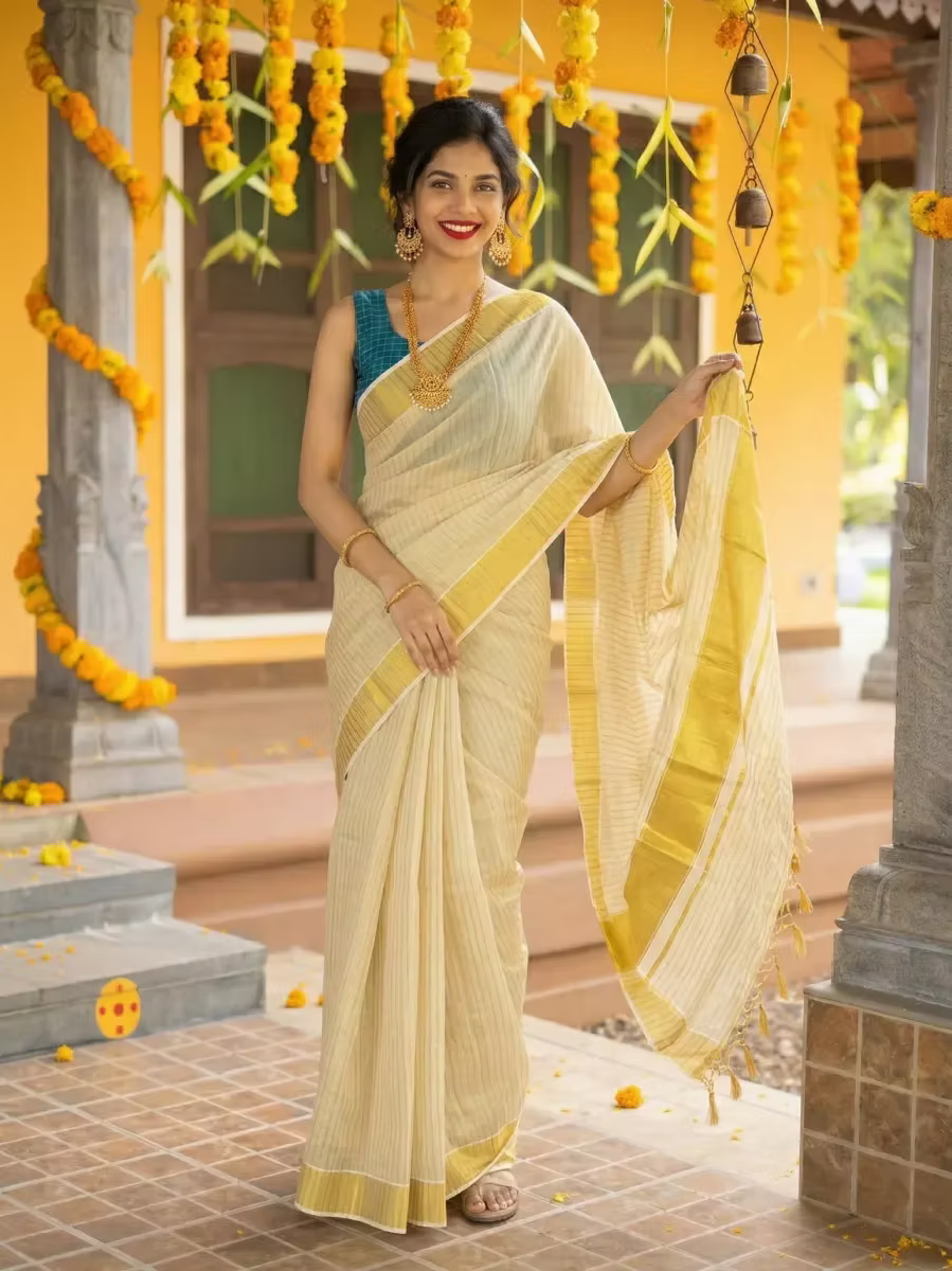 Premium Golden Block Designer Stripe Pallu Tassel Tissue Saree