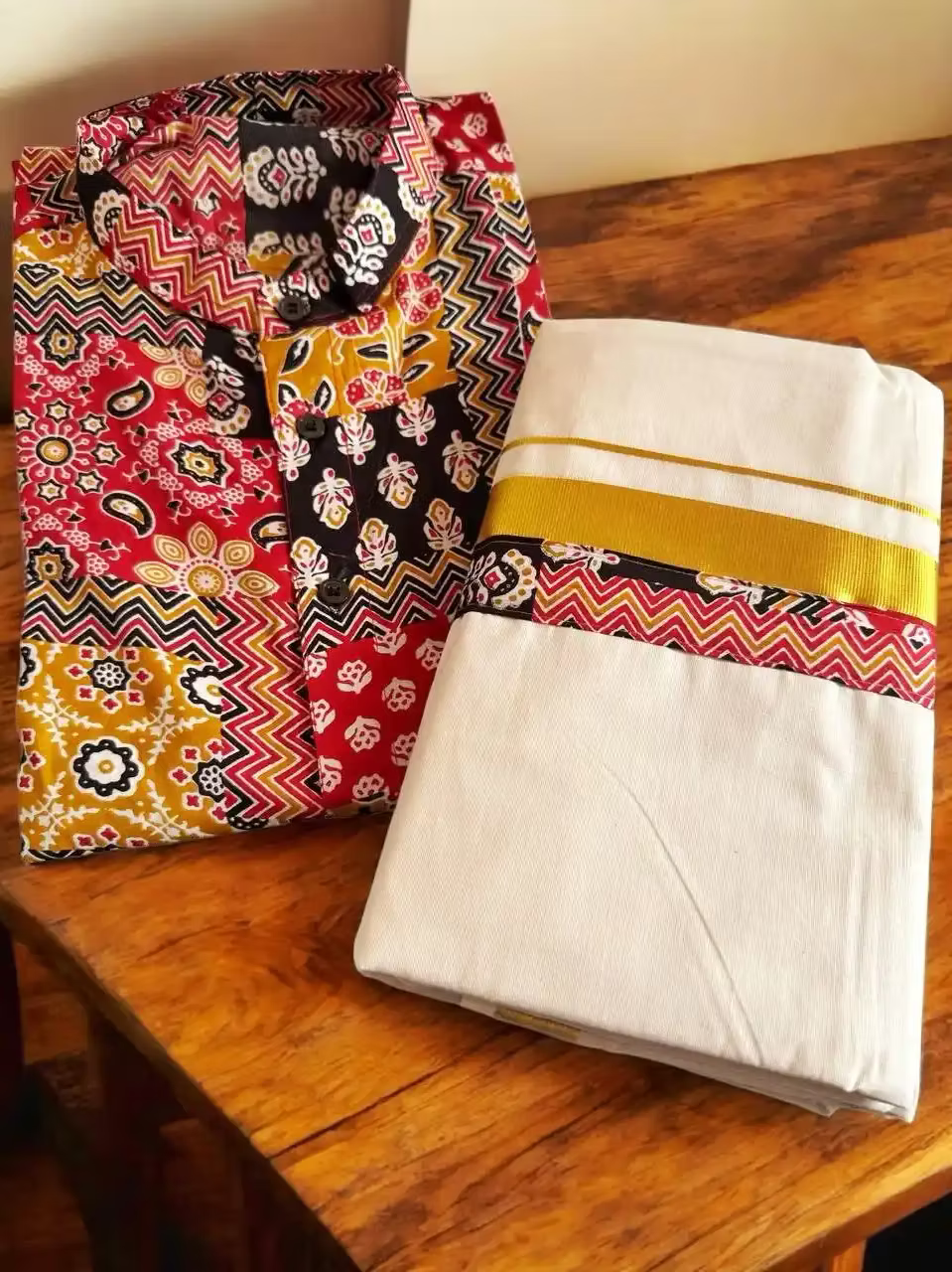 Multi-Color Men's Shirt and Kasavu Mundu Combo Set