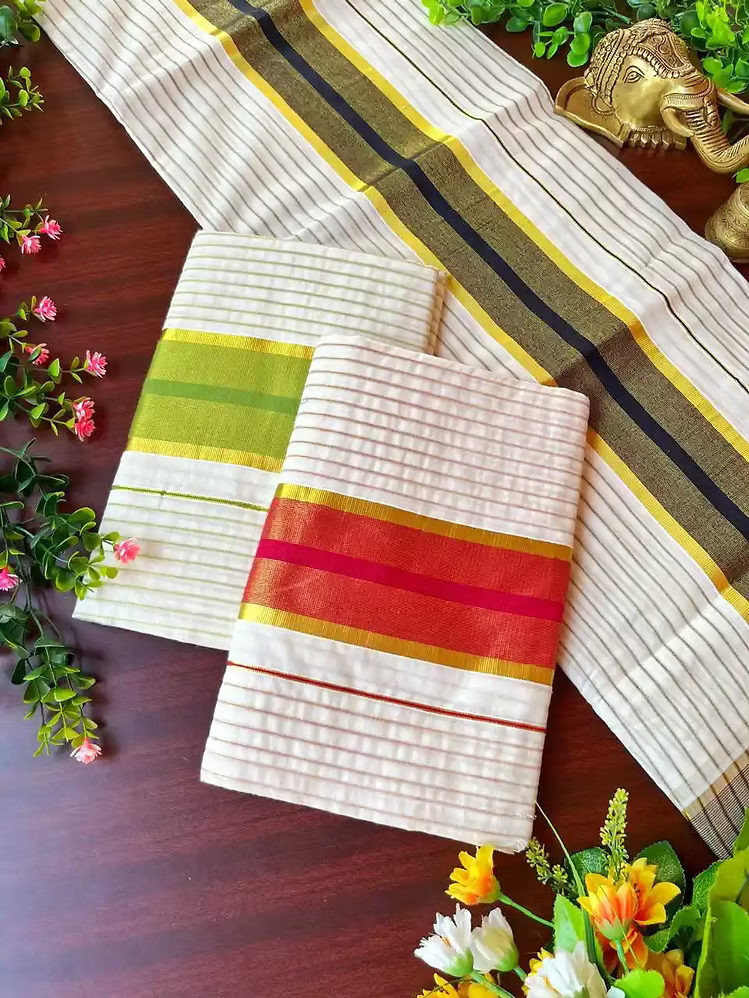 Stripe Kasavu Cotton Set Saree with Running Blouse
