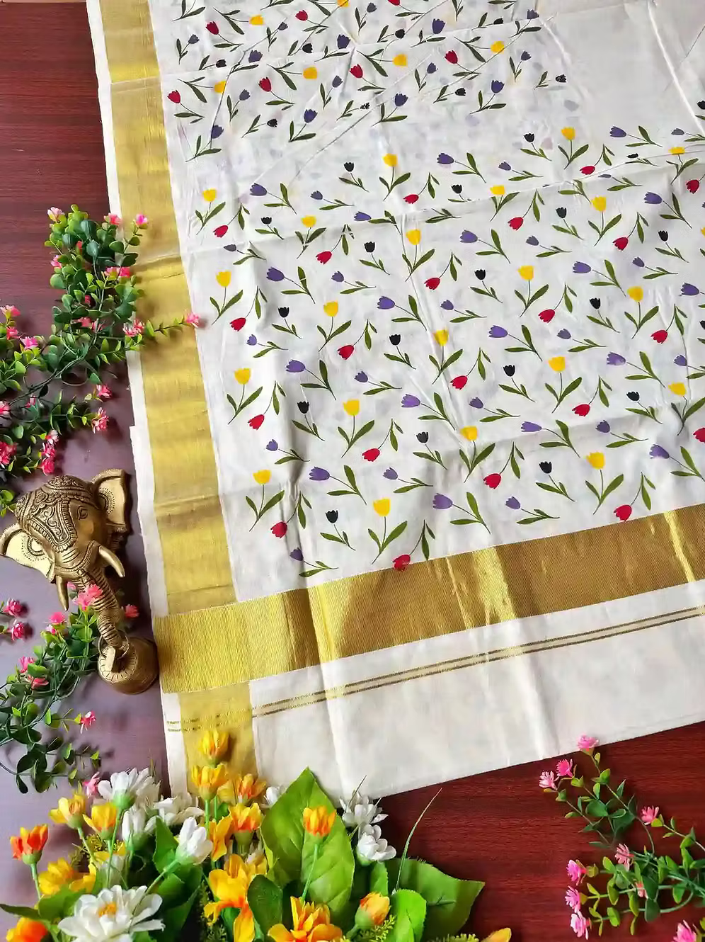 Tulip Tri-Color Kasavu Cotton Saree with Blouse | Kuthampully