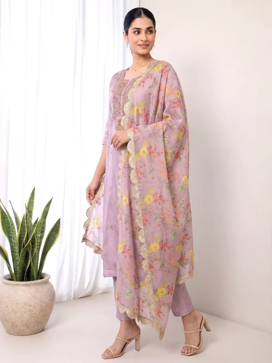 Lavender Kurta Set with Floral Organza Scalloped Dupatta & Trousers