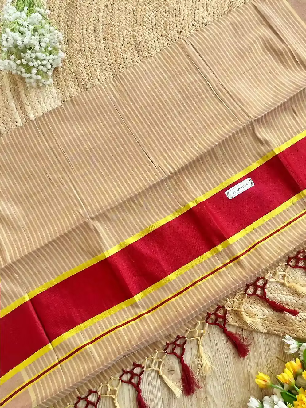 Maroon Zari Stripe Tassel Tissue Kerala Saree with Blouse