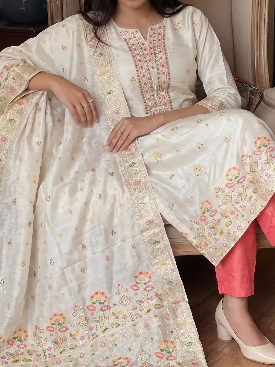 Multicolor Embroidered Tissue Women Kurta Set
