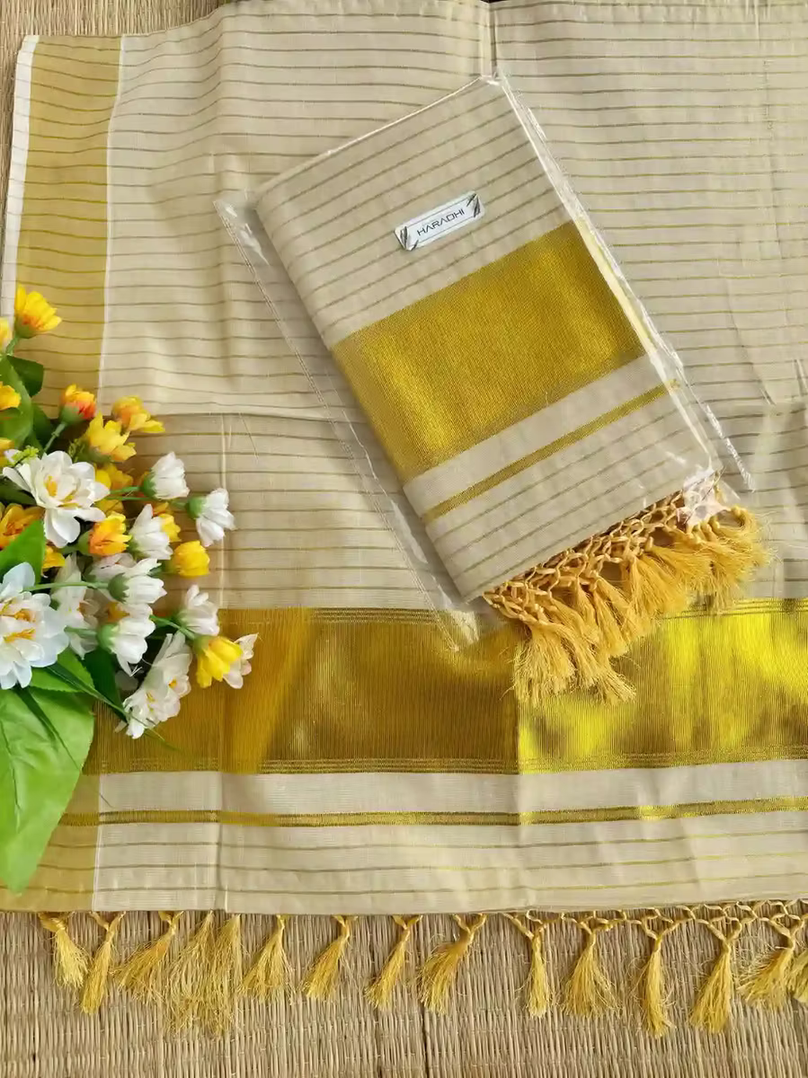 Premium Golden Block Designer Stripe Pallu Tassel Tissue Saree