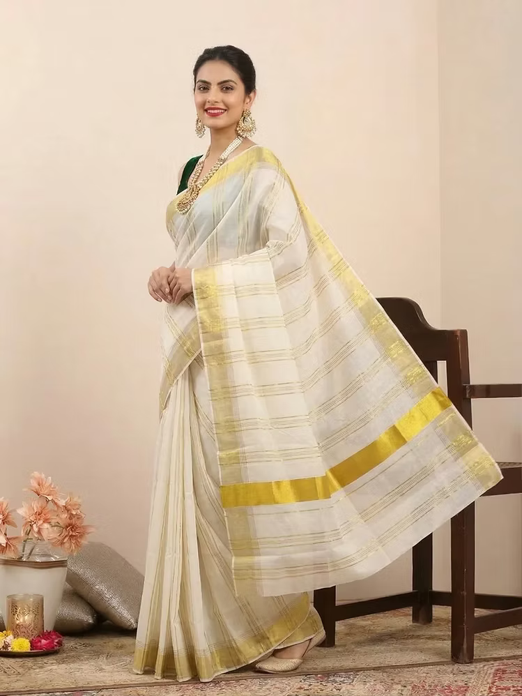 Maroon & Black Stripe Cotton Kasavu Saree with Golden Border