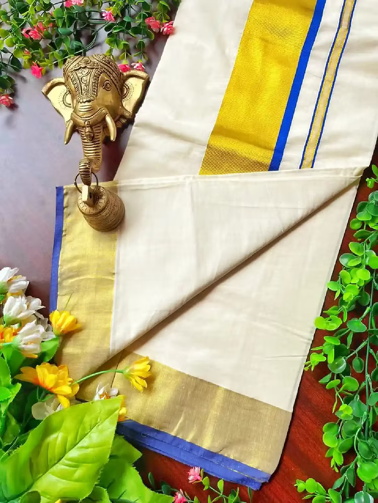 Premium Blue Kasavu Cotton Saree with Blouse