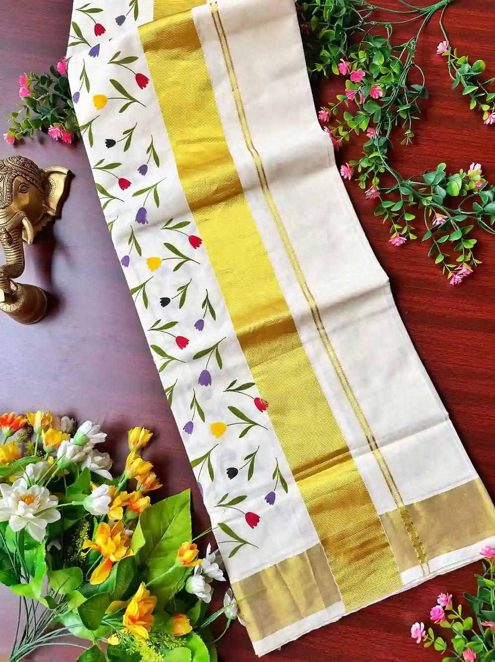 Tulip Tri-Color Kasavu Cotton Saree with Blouse | Kuthampully