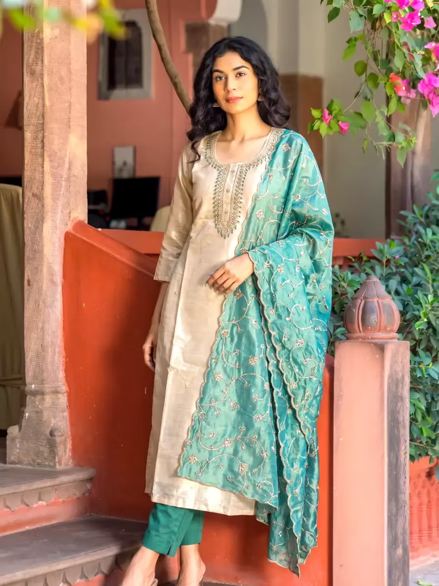 Beige Tissue Kurta Set with Teal Embroidered Dupatta & Trousers