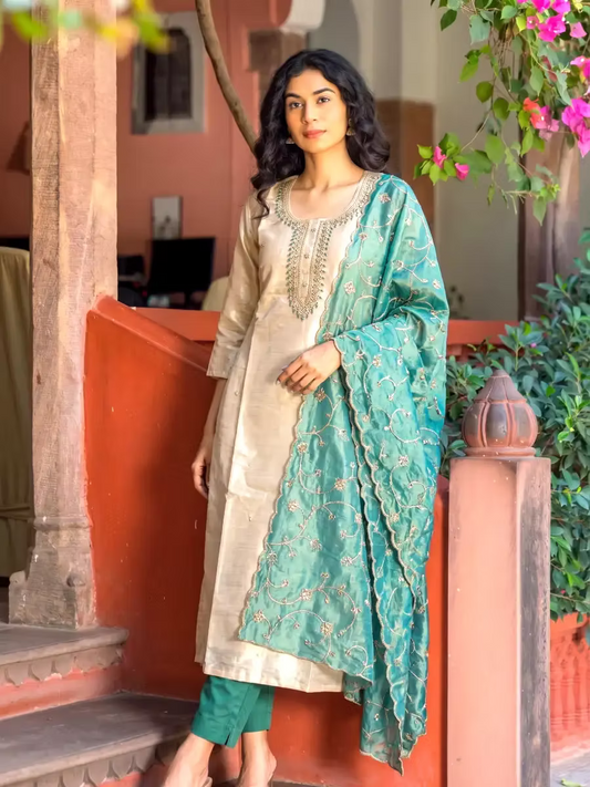 Beige Tissue Kurta Set with Teal Embroidered Dupatta & Trousers