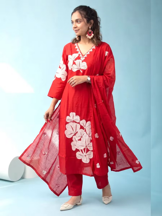 Red Cotton Linen Kurta Set with White Floral Appliqué & Beadwork