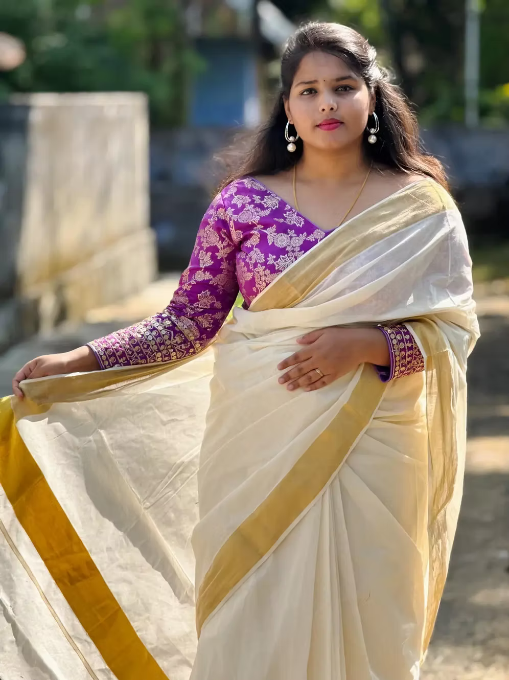 3-Inch Pure Cotton Kasavu Saree with Running Blouse